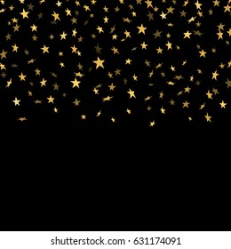 Gold stars falling confetti isolated on black background. Golden abstract rain confetti. Decoration sparkle explosion festive, celebration party. Holiday design stars Vector illustration