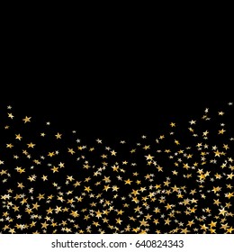 Gold stars falling confetti isolated on black background. Golden explosion confetti on floor. Abstract decoration. Holiday stars for Christmas festive party. Shiny paper glitter Vector illustration