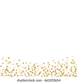 Gold stars falling confetti isolated on white background. Golden abstract rain confetti. Decoration sparkle explosion festive, celebration party. Holiday design stars on floor Vector illustration