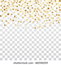 Gold stars falling confetti isolated on white transparent background. Golden abstract pattern Christmas card, New Year holiday. Shiny confetti star. Glitter explosion rain Vector illustration