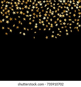 Gold stars falling confetti isolated on black background. Golden abstract random pattern Christmas card, New Year holiday. Shiny confetti paper rain stars. Glitter explosion Vector illustration