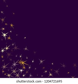 Gold stars falling on dark violet. Geometric metallic twinkle vector background. Rich star dust sparkles success symbols. Space objects decoration graphic design.