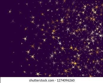 Gold stars falling on dark violet. Geometric metallic tinsels vector background. VIP star sparkles success symbols. Christmas decoration graphic design.