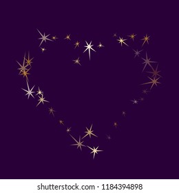 Gold stars falling on ultra violet. Geometric metallic starburst vector background. Glamour star sparkles birthday pattern. Xmas card decoration graphic design.