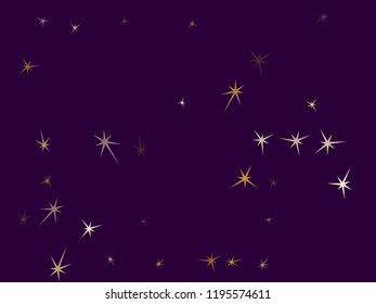 Gold stars falling on ultra violet. Geometric metallic starry vector background. Glamour star sparkles birthday pattern. Xmas card decoration graphic design.