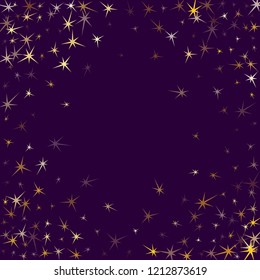 Gold stars falling on ultra violet. Geometric metallic starry vector background. Modern star dust sparkles success symbols. Galaxy objects decoration graphic design.