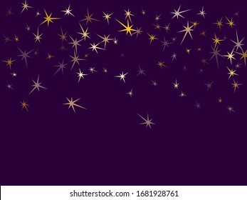 Gold stars falling on ultra violet. Geometric metallic tinsels vector background. Glossy star sparkles banner backdrop. Fireworks flying elements decoration graphic design.