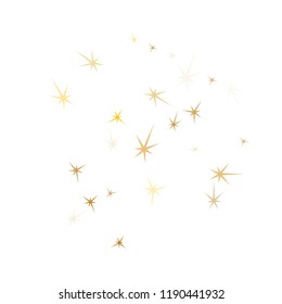 Gold stars falling on white. Geometric metallic tinsels vector background. Magic star sparkles holiday pattern. Galaxy objects decoration graphic design.