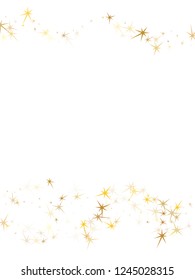Gold stars falling on white. Geometric metallic starburst vector background. Bright star sparkles party poster backdrop. Galaxy objects decoration graphic design.