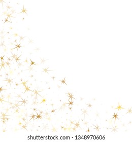 Gold stars falling on white. Geometric metallic twinkle vector background. Bright star sparkles winner symbols. New Year celebrate decoration graphic design.