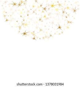 Gold stars falling on white. Geometric metallic starburst vector background. VIP star sparkles success symbols. Fireworks flying elements decoration graphic design.
