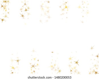 Gold stars falling on white. Geometric metallic starry vector background. Bright star sparkles winner symbols. Fireworks flying elements decoration graphic design.