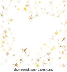 Gold stars falling on white. Geometric metallic twinkle vector background. Elegant star sparkles celebration pattern. Space objects decoration graphic design.