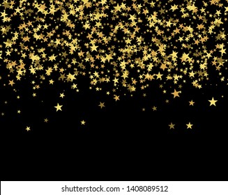 Gold stars falling from sky. Golden confetti, glitter banner in abstract style. Vector pattern on black background