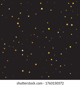 Gold Stars Festive. Orange Texture Isolated. Yellow Confetti Background. Golden Falling Space Glitter Background. Celebration Modern. Starry Poster. Sparkling Greeting.
