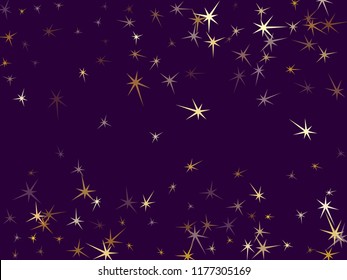 Gold stars flying on dark violet. Geometric metallic tinsels vector background. Magic star sparkles holiday backdrop. Sky objects decoration graphic design.