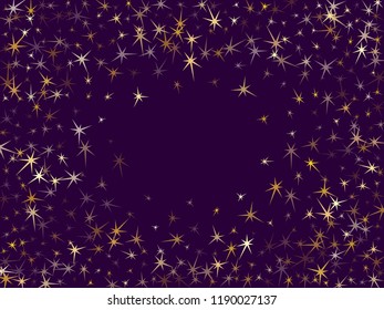 Gold stars flying on dark violet. Geometric metallic twinkle vector background. Bright star sparkles ornament. Xmas card decoration graphic design.