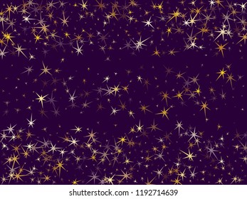 Gold stars flying on dark violet. Geometric metallic tinsels vector background. Golden star sparkles celebration backdrop. Sky objects decoration graphic design.