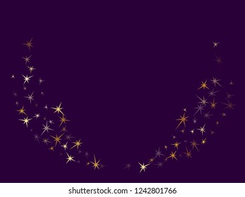 Gold stars flying on dark violet. Geometric metallic stardust vector background. Abstract star sparkles birthday print. Fireworks flying elements decoration graphic design.