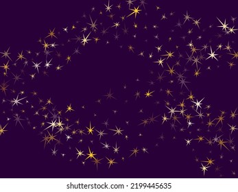 Gold stars flying on dark violet. Geometric metallic stardust vector background. Light star sparkles success symbols. Christmas decoration graphic design.