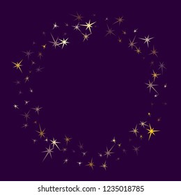 Gold stars flying on violet. Geometric metallic starburst vector background. Carnival star sparkles celebration backdrop. Xmas card decoration graphic design.