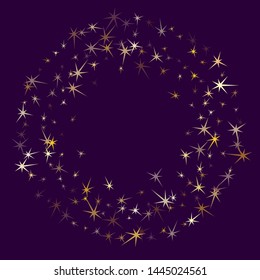 Gold stars flying on violet. Geometric metallic twinkle vector background. Glamour star sparkles birthday pattern. Galaxy objects decoration graphic design.