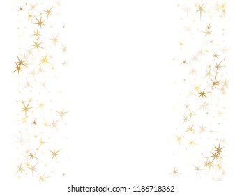 Gold stars flying on white. Geometric metallic starry vector background. Premium star sparkles success symbols. Space objects decoration graphic design.