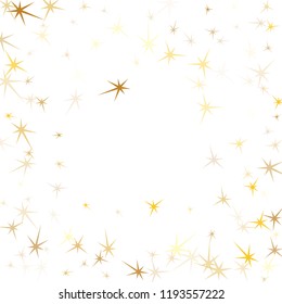 Gold stars flying on white. Geometric metallic tinsels vector background. Simple star dust sparkles success symbols. Xmas card decoration graphic design.