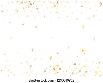 Gold stars flying on white. Geometric metallic stardust vector background. Shiny star sparkles birthday print. Space objects decoration graphic design.