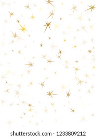 Gold stars flying on white. Geometric metallic starburst vector background. Bright star sparkles ornament. Christmas decoration graphic design.