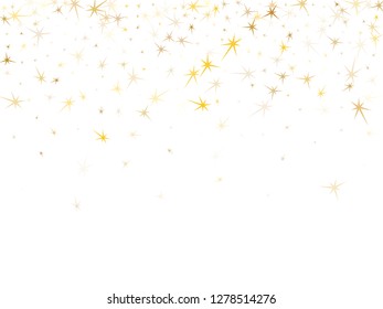 Gold stars flying on white. Geometric metallic twinkle vector background. Cool star dust sparkles success symbols. Christmas decoration graphic design.