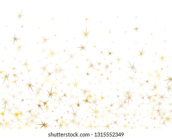 Gold stars flying on white. Geometric metallic stardust vector background. Golden star sparkles celebration backdrop. Sky objects decoration graphic design.