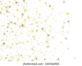 Gold stars flying on white. Geometric metallic twinkle vector background. Bright star sparkles wallpaper. New Year celebrate decoration graphic design.