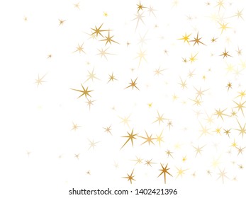 Gold stars flying on white. Geometric metallic tinsels vector background. Yellow star sparkles holiday pattern. New Year celebrate decoration graphic design.