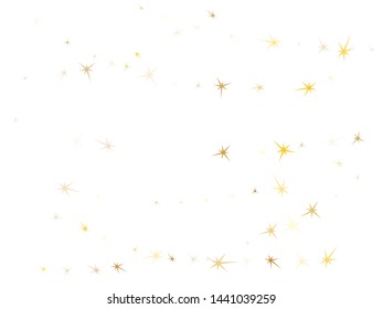 Gold stars flying on white. Geometric metallic tinsels vector background. Shiny star sparkles holiday print. Christmas decoration graphic design.