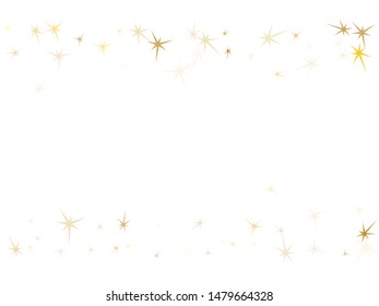 Gold stars flying on white. Geometric metallic twinkle vector background. Carnival star sparkles banner print. Sky objects decoration graphic design.