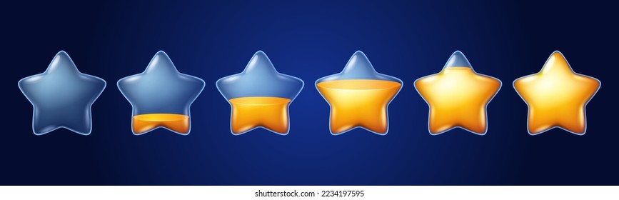 Gold stars game icons with fill progress. UI design elements of load status, rating. Sprite sheet with clear glass stars filling with golden color, vector cartoon set