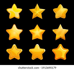 Gold stars of game ranking, vector set of user interface, ui, gui rate. Cartoon golden star, rating medal or winner award, achievement bonus and level complete trophy with shiny ribs isolated objects