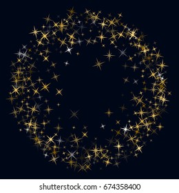 Gold stars glitter confetti, magic shining sparkles design. Decorative firework pattern on dark blue. Golden night sky objects border, stars frame vector background. 