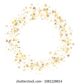 gold stars glitter confetti round frame. shining sparkles circle border pattern on white, star dust. golden sky objects, Abstract vector background design element