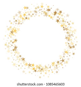 gold stars glitter confetti round frame. shining sparkles circle border pattern on white, star dust. golden sky objects, Abstract vector background design element