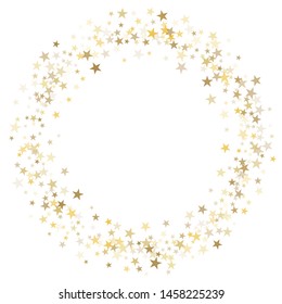 gold stars glitter confetti round frame. shining sparkles circle border pattern on white with golden sky objects, star dust. Abstract vector background design element
