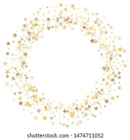 gold stars glitter confetti round frame. shining sparkles circle border pattern on white with golden sky objects, star dust. Abstract vector background design element