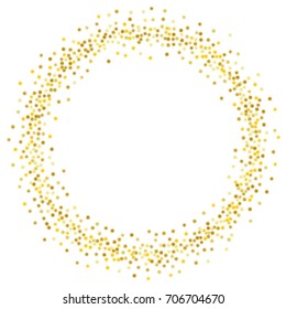 Gold Stars Glitter Confetti Round Frame. Shining Sparkles Circle Border Pattern On White With Golden Sky Objects, Star Dust. Abstract Vector Background Design Element