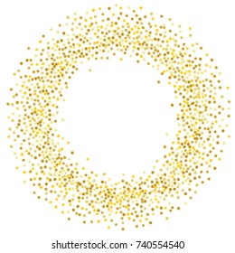 gold stars glitter confetti round frame. shining sparkles circle border pattern on white with golden sky objects, star dust. Abstract vector background design element