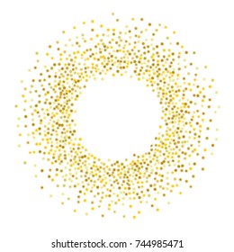 gold stars glitter confetti round frame. shining sparkles circle border pattern on white with golden sky objects, star dust. Abstract vector background design element