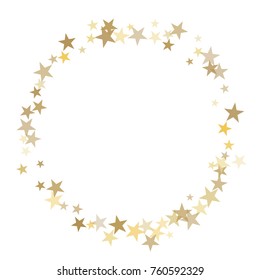 Gold Stars Glitter Confetti Round Frame. Shining Sparkles Circle Border Pattern On White With Golden Sky Objects, Star Dust. Abstract Vector Background Design Element