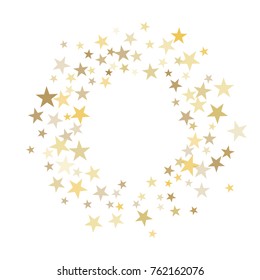 las estrellas doradas brillan en el marco redondo de confeti. brilla el patrón de borde circular sobre blanco con objetos del cielo dorado, polvo de estrella. Elemento de diseño de fondo del vector abstracto