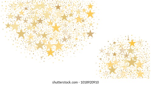 gold stars and glitter confetti sparkles tinsel background, golden christmas lights falling. magic shining Flying stars cosmic backdrop, sparkle vector border. 