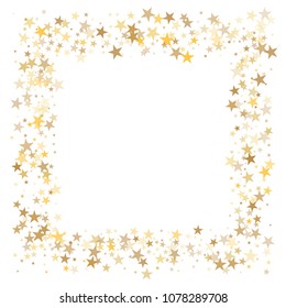 gold stars glitter confetti square frame. shining sparkles circle border pattern on white with golden sky objects, star dust. Abstract vector background design element